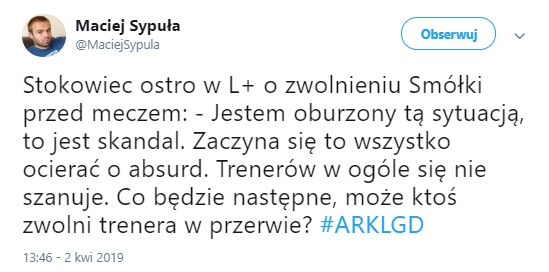 MOCNE słowa Stokowca nt. zwolnienia Smółki tuż przed meczem!